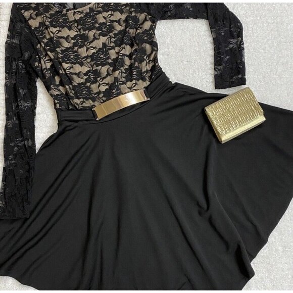 Venus Sz M Black Lace Long Sleeved Handkerchief Asymmetrical Hem Formal Dress - Picture 1 of 12